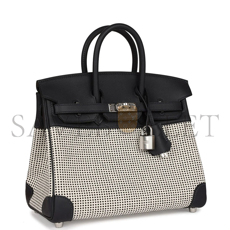 HERMÈS MASTER QUADRILLE BIRKIN 25 BLACK SWIFT AND ECRU TOILE PALLADIUM HARDWARE (25*20*13cm)